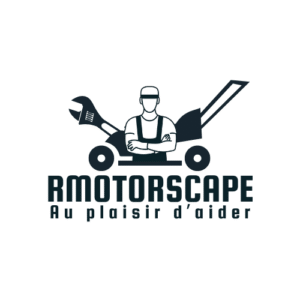 Logo R.Motorscape « Au plaisir d'aider » avec illustration de mécanicien, identité visuelle par Maud Communication