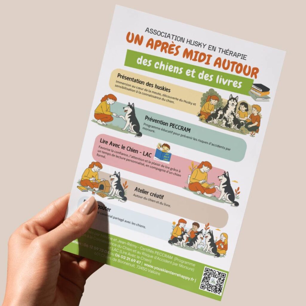 Création d'un flyer illustré d’une animation lecture avec des chiens huskies à Valloire.
