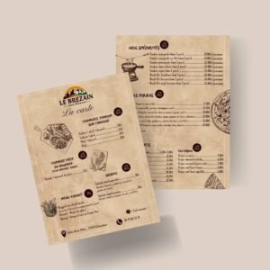 Menu papier du restaurant Le Brezain conçu sur-mesure avec illustrations et mise en page personnalisée.