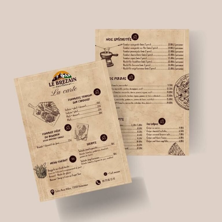 Menu papier du restaurant Le Brezain conçu sur-mesure avec illustrations et mise en page personnalisée.