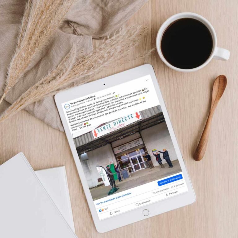 Publication Facebook pour Verger Potager affichée sur tablette, gestion réseaux sociaux par Maud Communication
