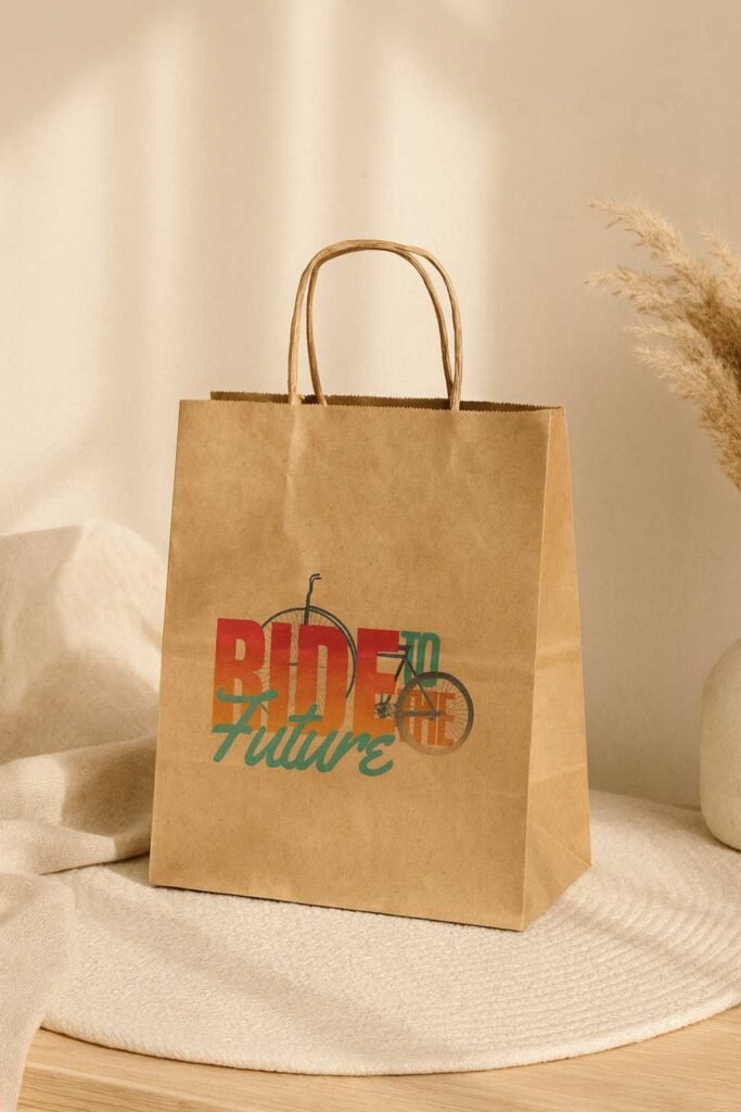 Sac en papier kraft avec le logo Ride to the Future, typographie rouge et verte avec illustration de vélo vintage.