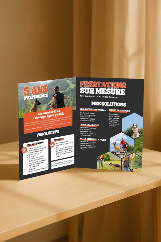 Brochure dépliée de Work’n Dog Academy avec photos de chiens, éducateur canin et texte présentant les prestations.