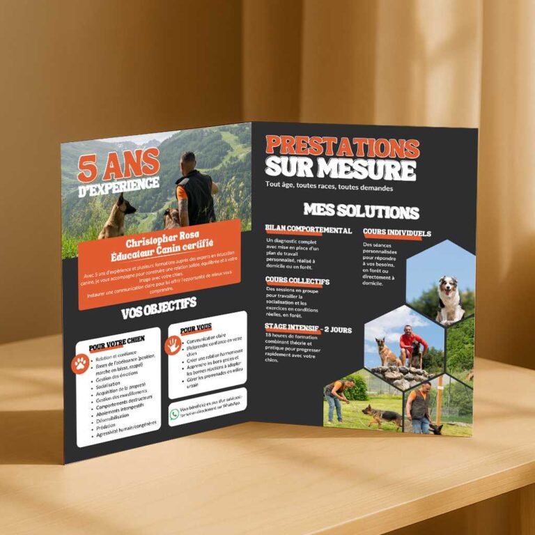 Brochure dépliée de Work’n Dog Academy avec photos de chiens, éducateur canin et texte présentant les prestations.