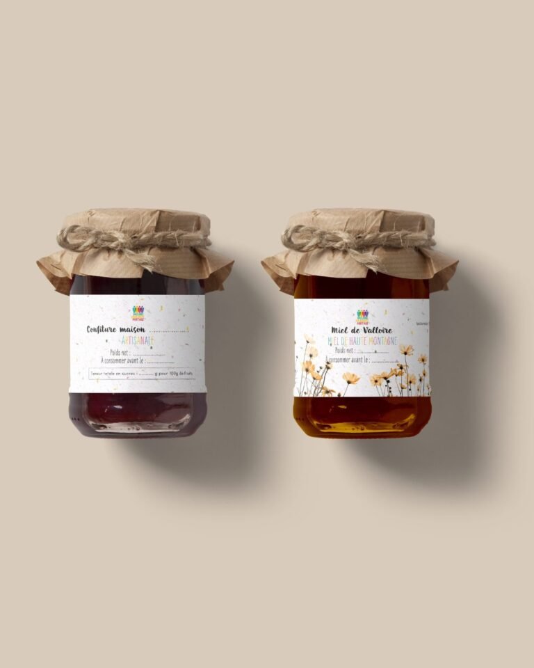 Étiquettes de pots de confiture maison et miel de haute montagne pour l'association Valloire Solidarité Partage